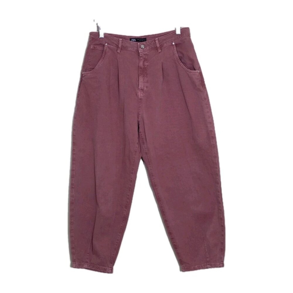 Zara Denim Pants Womens 10 Coral Balloon Leg Cotton Slouchy Marsala Boho Hippie